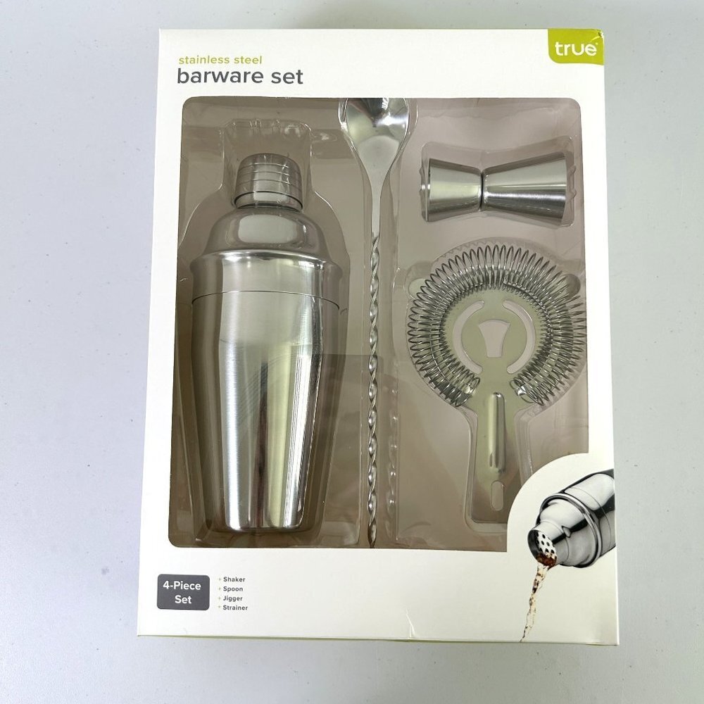 True Barware Cocktail Set Stainless Steel 4 Piece Set Shaker Jigger Strainer NIB
